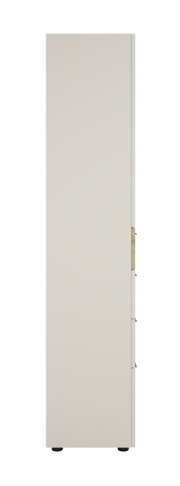 Seitenansicht eines hohen, schmalen Aktenschranks mit Schubladen in neutraler Farbe.