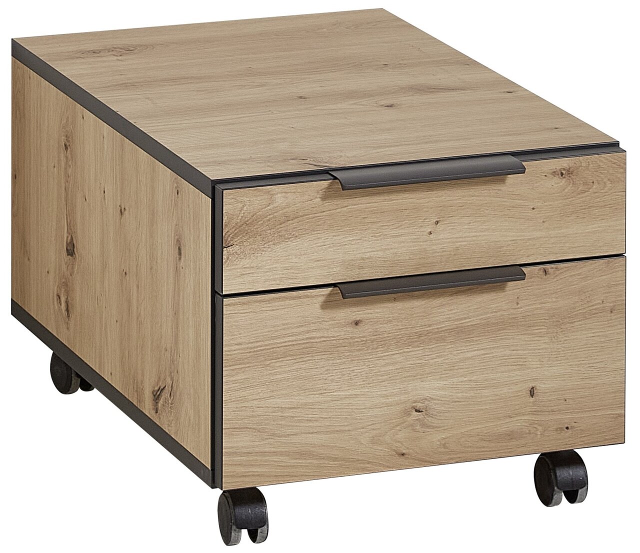 Rollcontainer aus Holz mit zwei Schubladen und Rollen, seitliche Perspektive