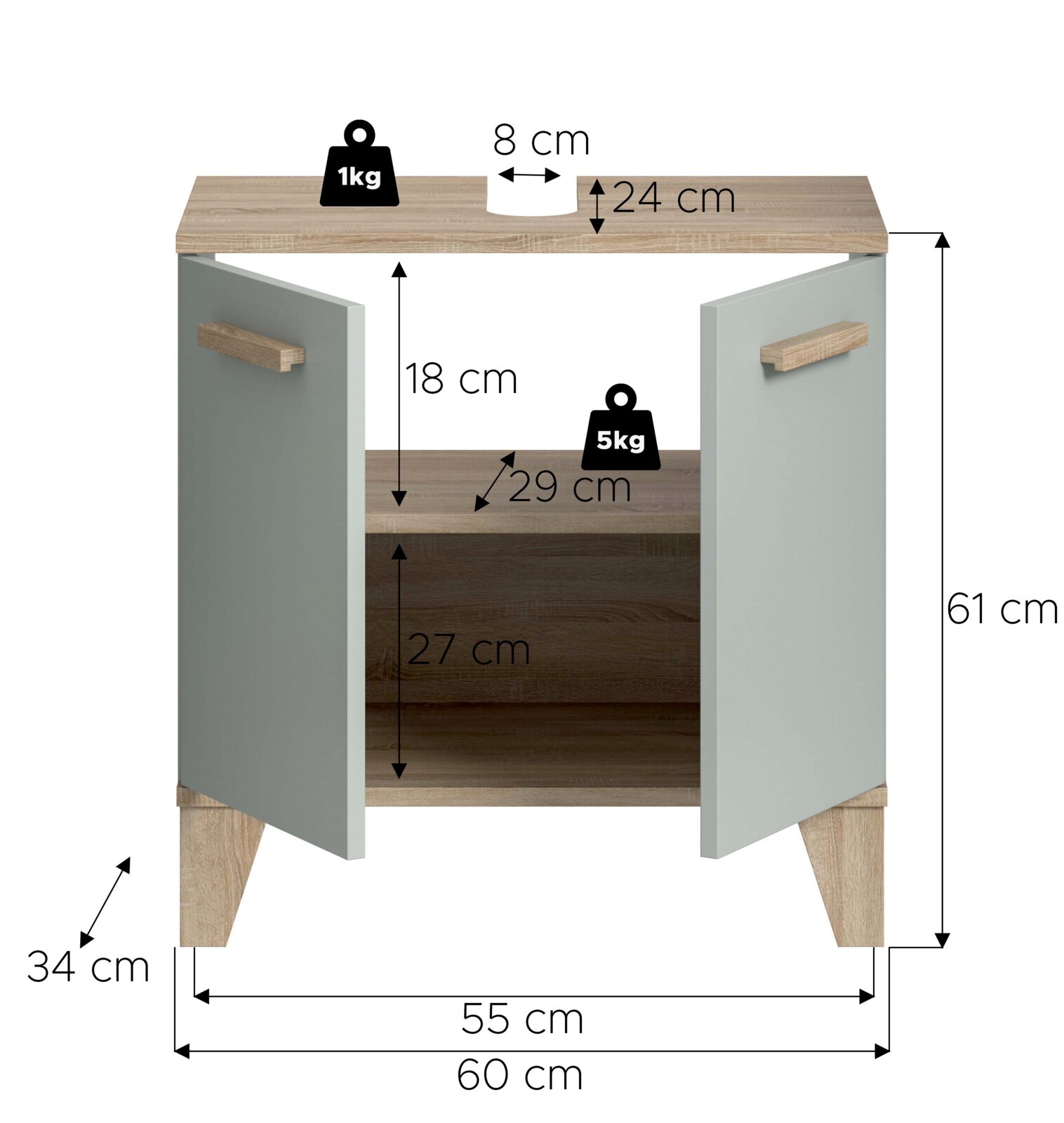 Offener Badunterschrank in Holzoptik mit zwei grauen Türen und Holzgriffen, Innenablage und Maßangaben (ca. 60×34×61 cm), Frontansicht leicht von oben