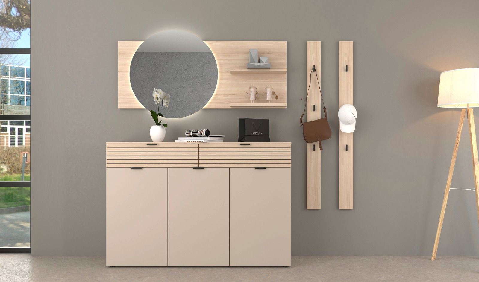 Moderne Garderobenkombination mit Spiegel, Schuhschrank und Garderobenpaneel in frontaler Ansicht.