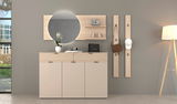 Moderne Garderobenkombination mit Spiegel, Schuhschrank und Garderobenpaneel in frontaler Ansicht.