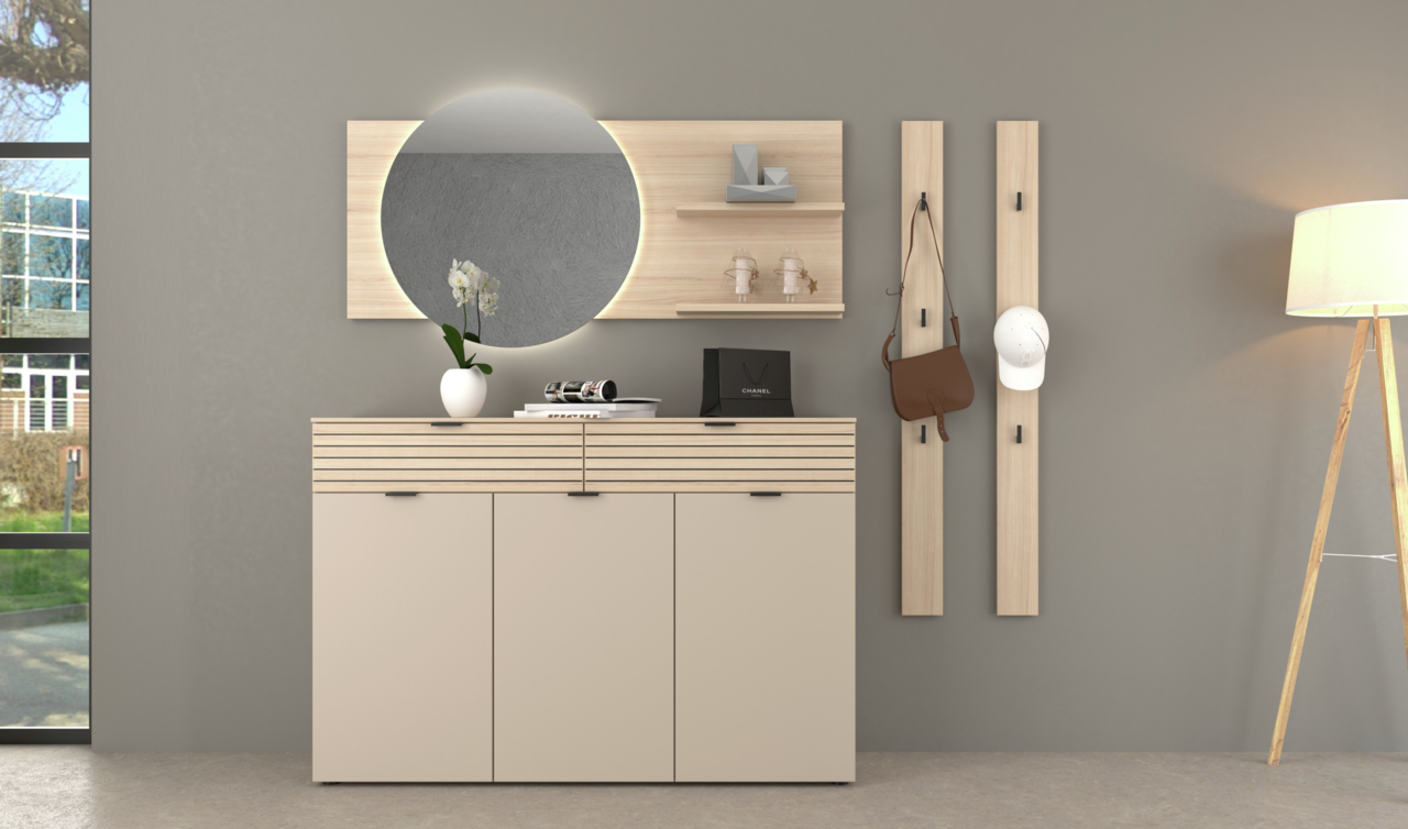 Voleo Spiegel mit Paneel INA Moderne Garderobenkombination mit Spiegel, Schuhschrank und Garderobenpaneel in frontaler Ansicht.