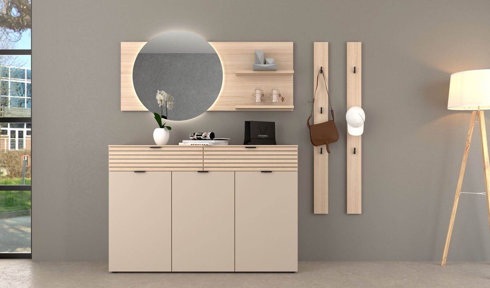 Voleo Spiegel mit Paneel INA Moderne Garderobenkombination mit Spiegel, Schuhschrank und Garderobenpaneel in frontaler Ansicht.