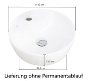Runder Waschtisch mit einem Durchmesser von 42 cm, Seitenansicht. Lieferung ohne Permanentablauf.
