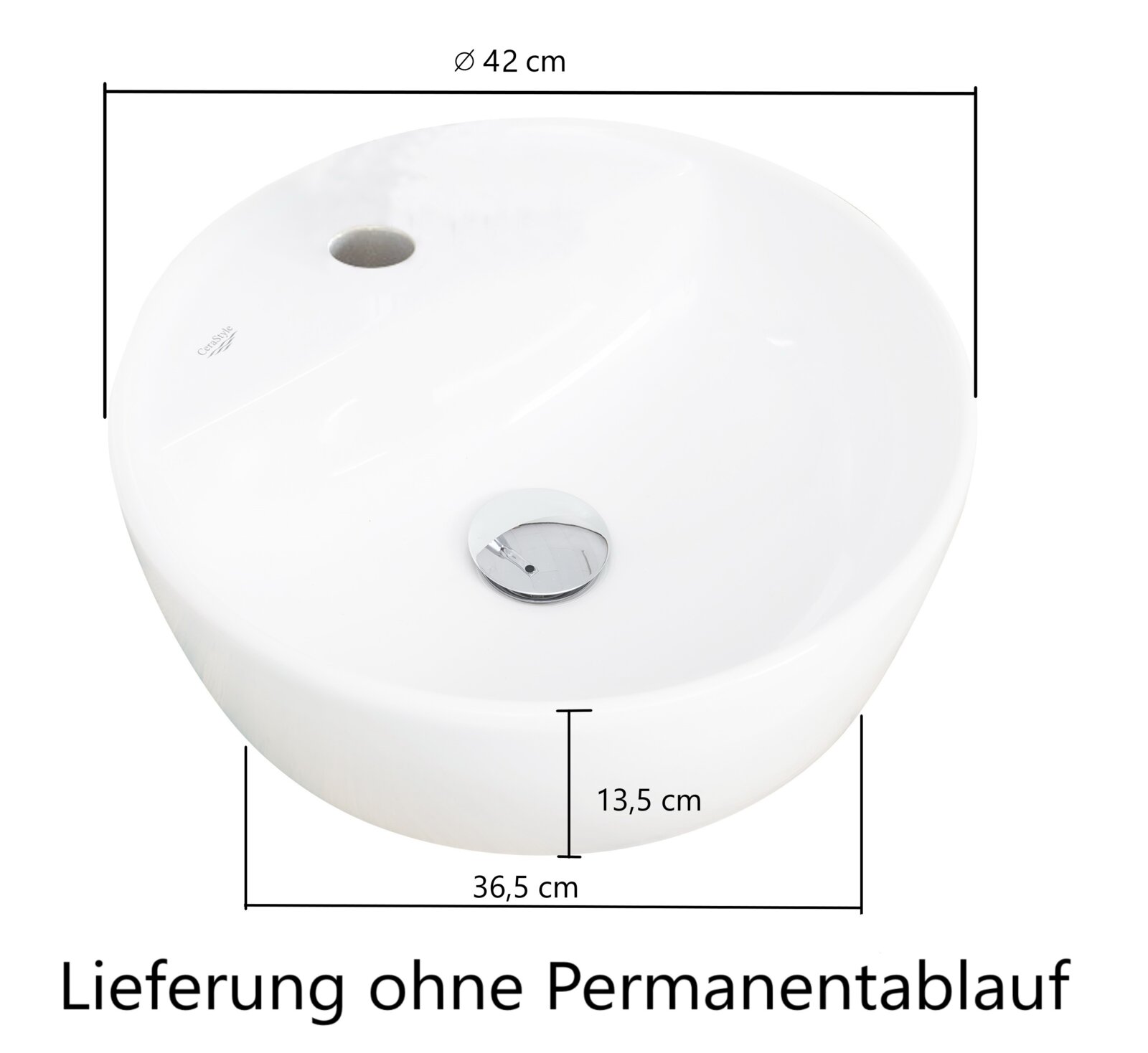 Runder Waschtisch mit einem Durchmesser von 42 cm, Seitenansicht. Lieferung ohne Permanentablauf.