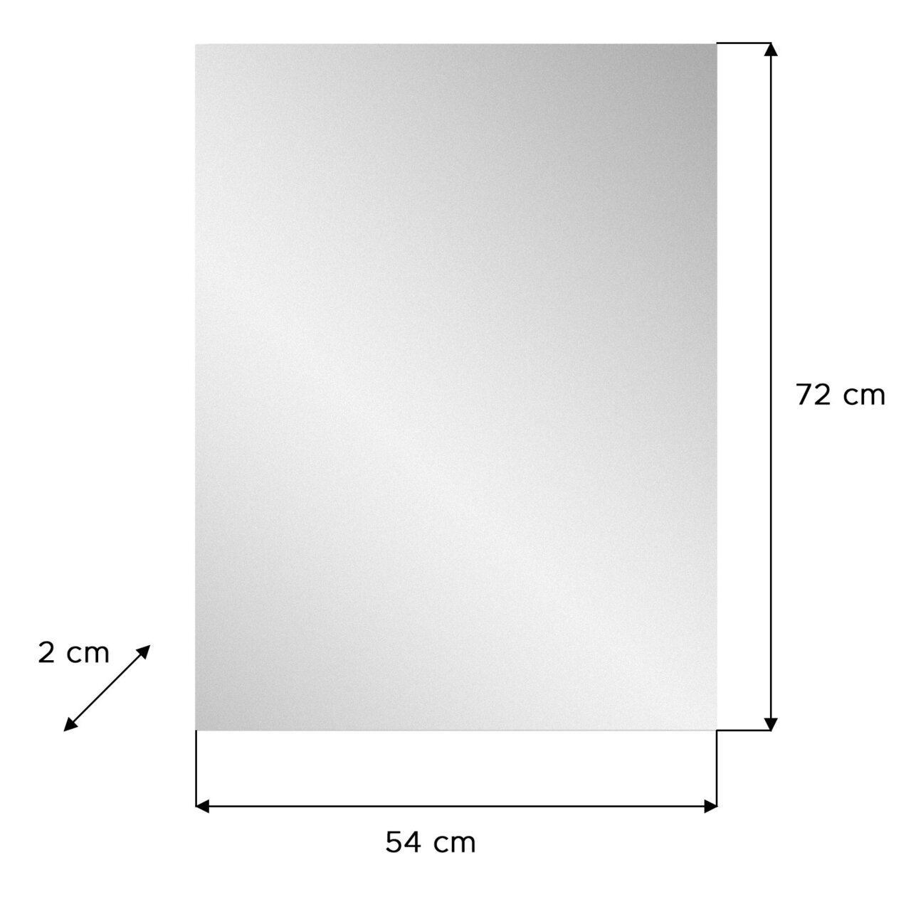 Rechthoekige spiegel met de afmetingen 54 cm breed, 72 cm hoog en 2 cm diep, afgebeeld van voren.