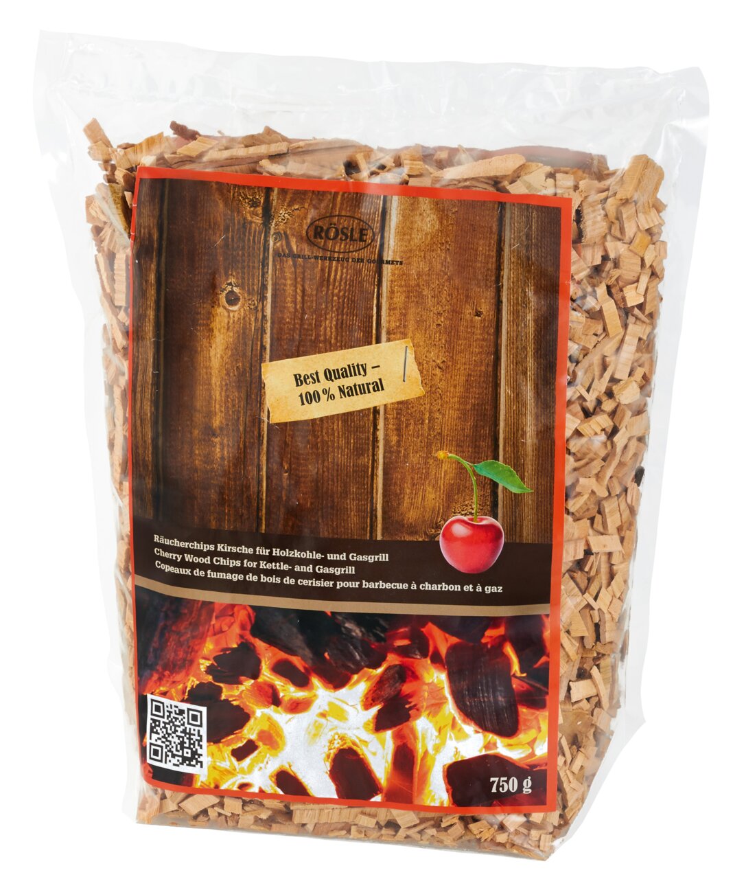 Verpackung mit 750 g Rösle Räucherchips Kirsche, geeignet für Holzkohle- und Gasgrills, aus der Perspektive von vorne.