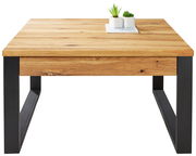 Moderner Couchtisch aus Holz mit Metallbeinen, frontal fotografiert, mit zwei kleinen Pflanzen als Dekoration.