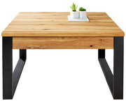 Moderner Couchtisch aus Holz mit Metallbeinen, frontal fotografiert, mit zwei kleinen Pflanzen als Dekoration.