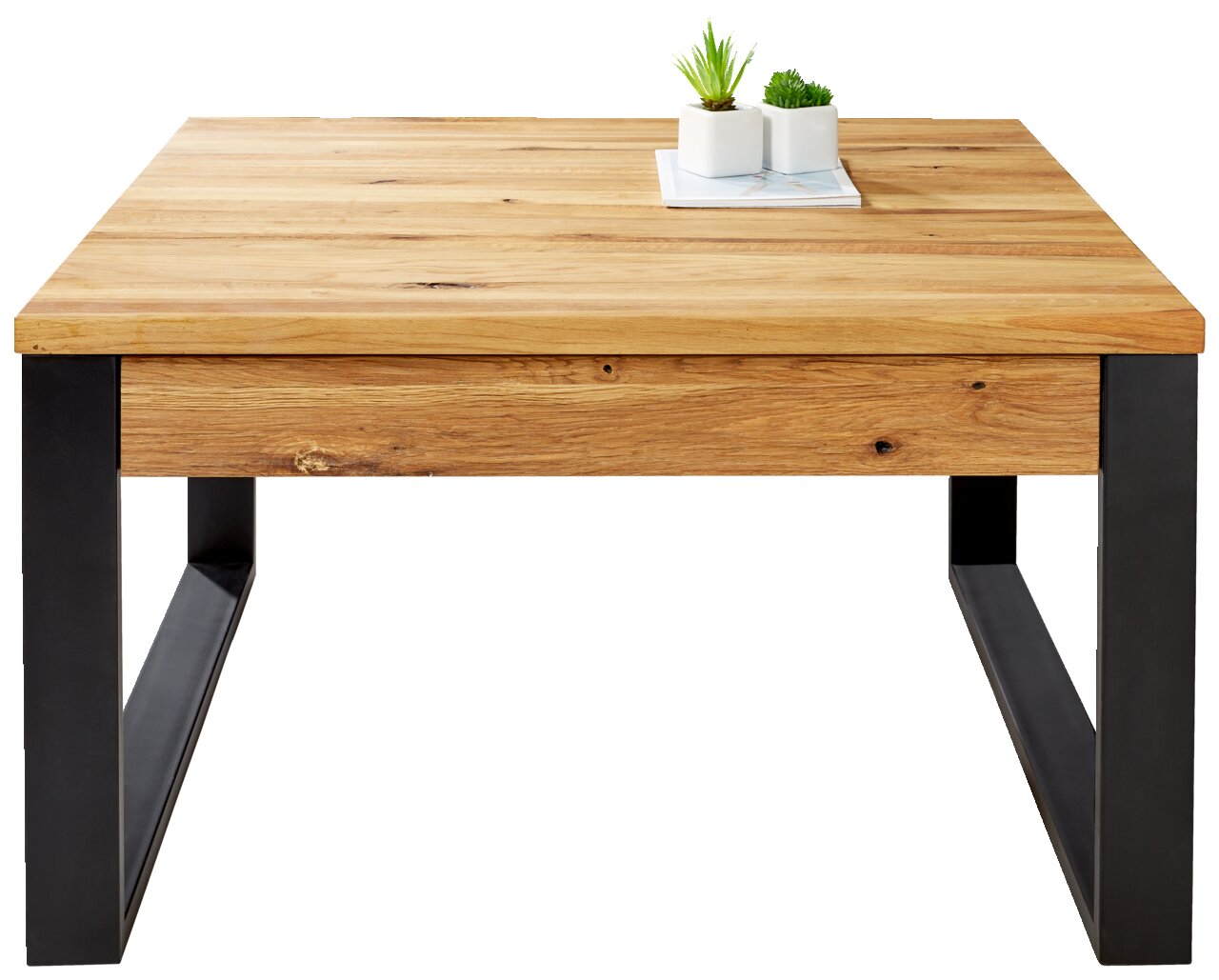Moderner Couchtisch aus Holz mit Metallbeinen, frontal fotografiert, mit zwei kleinen Pflanzen als Dekoration.
