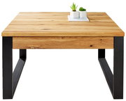 Moderner Couchtisch aus Holz mit Metallbeinen, frontal fotografiert, mit zwei kleinen Pflanzen als Dekoration.