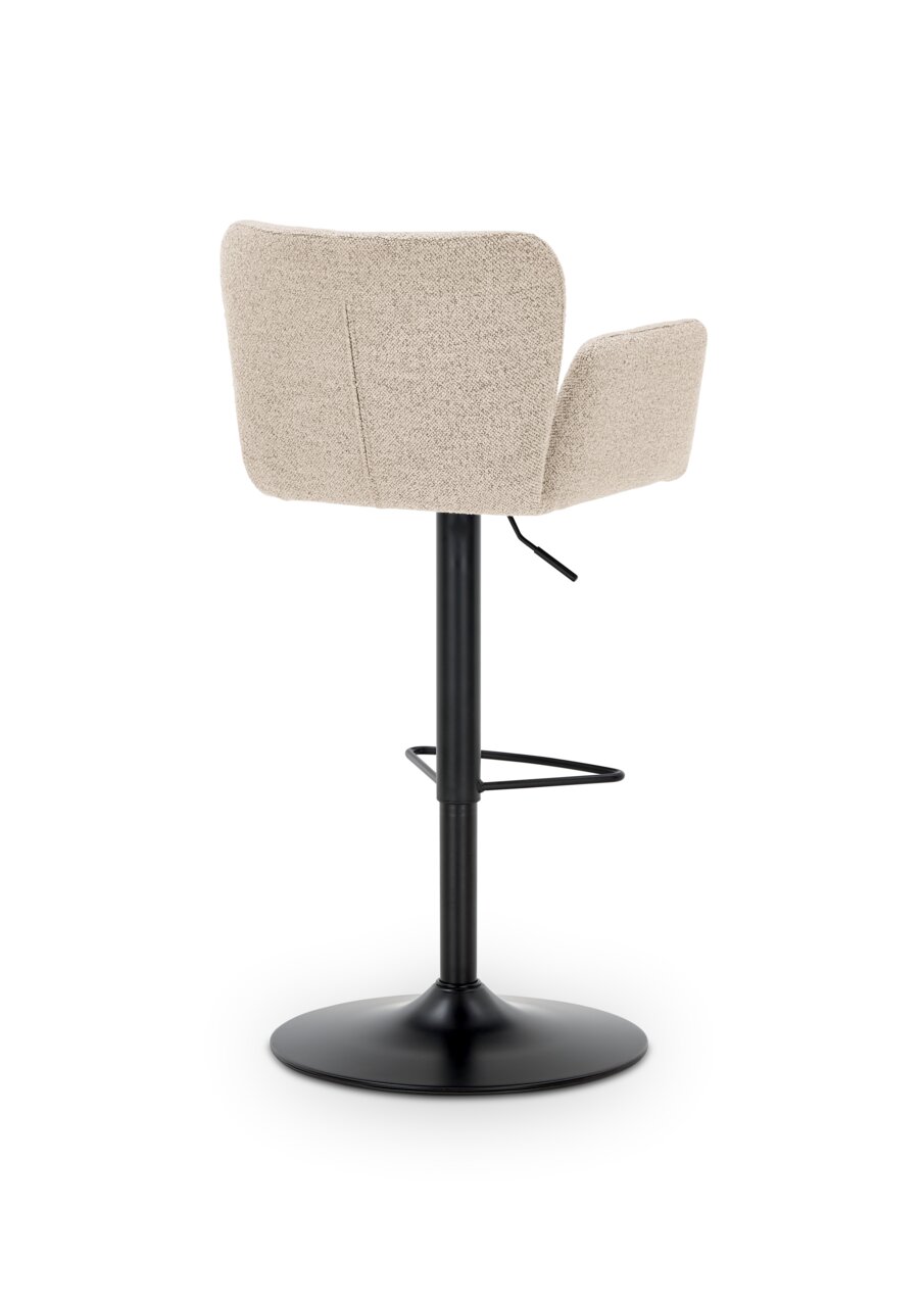 Achterkant van een moderne barkruk met een beige stoffen bekleding en een zwart metalen onderstel.