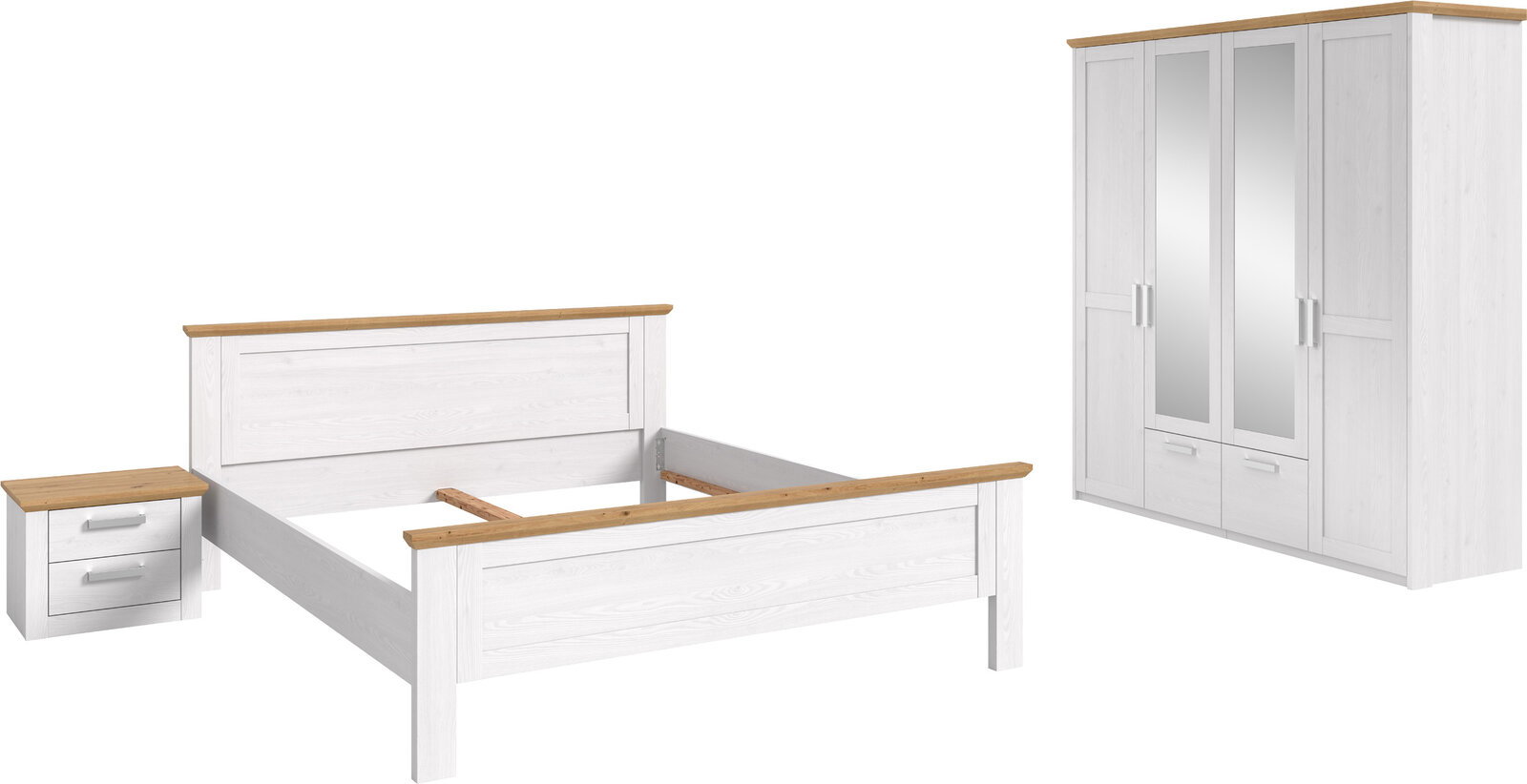 Schlafzimmermöbel-Set in Weiß mit Holzoptik-Akzenten: Bettgestell, Nachttisch mit zwei Schubladen und Kleiderschrank mit Spiegeltüren, dargestellt in schräger Frontansicht