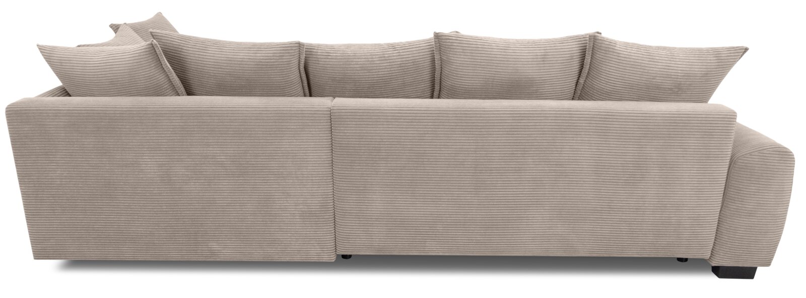 Beiges Cord-Ecksofa mit breiter Rückenlehne und mehreren Rückenkissen, Rückansicht (leicht von oben) vor weißem Hintergrund