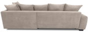 Beiges Cord-Ecksofa mit breiter Rückenlehne und mehreren Rückenkissen, Rückansicht (leicht von oben) vor weißem Hintergrund