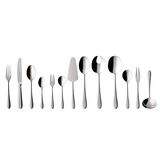 Elegantes 68-teiliges Tafelbesteck-Set Oscar aus Edelstahl, von oben betrachtet, mit verschiedenen Besteckteilen wie Messer, Gabeln, Löffeln und Servierutensilien.
