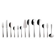 Elegantes 68-teiliges Tafelbesteck-Set Oscar aus Edelstahl, von oben betrachtet, mit verschiedenen Besteckteilen wie Messer, Gabeln, Löffeln und Servierutensilien.
