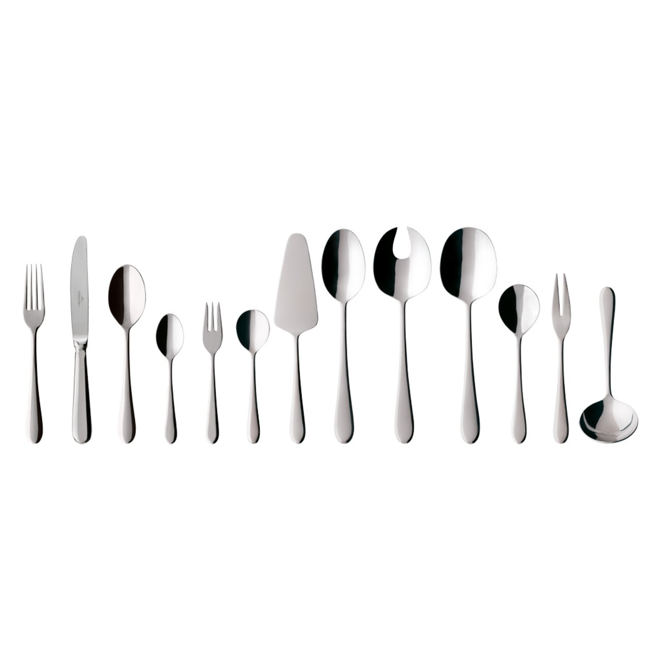 Elegantes 68-teiliges Tafelbesteck-Set Oscar aus Edelstahl, von oben betrachtet, mit verschiedenen Besteckteilen wie Messer, Gabeln, Löffeln und Servierutensilien.