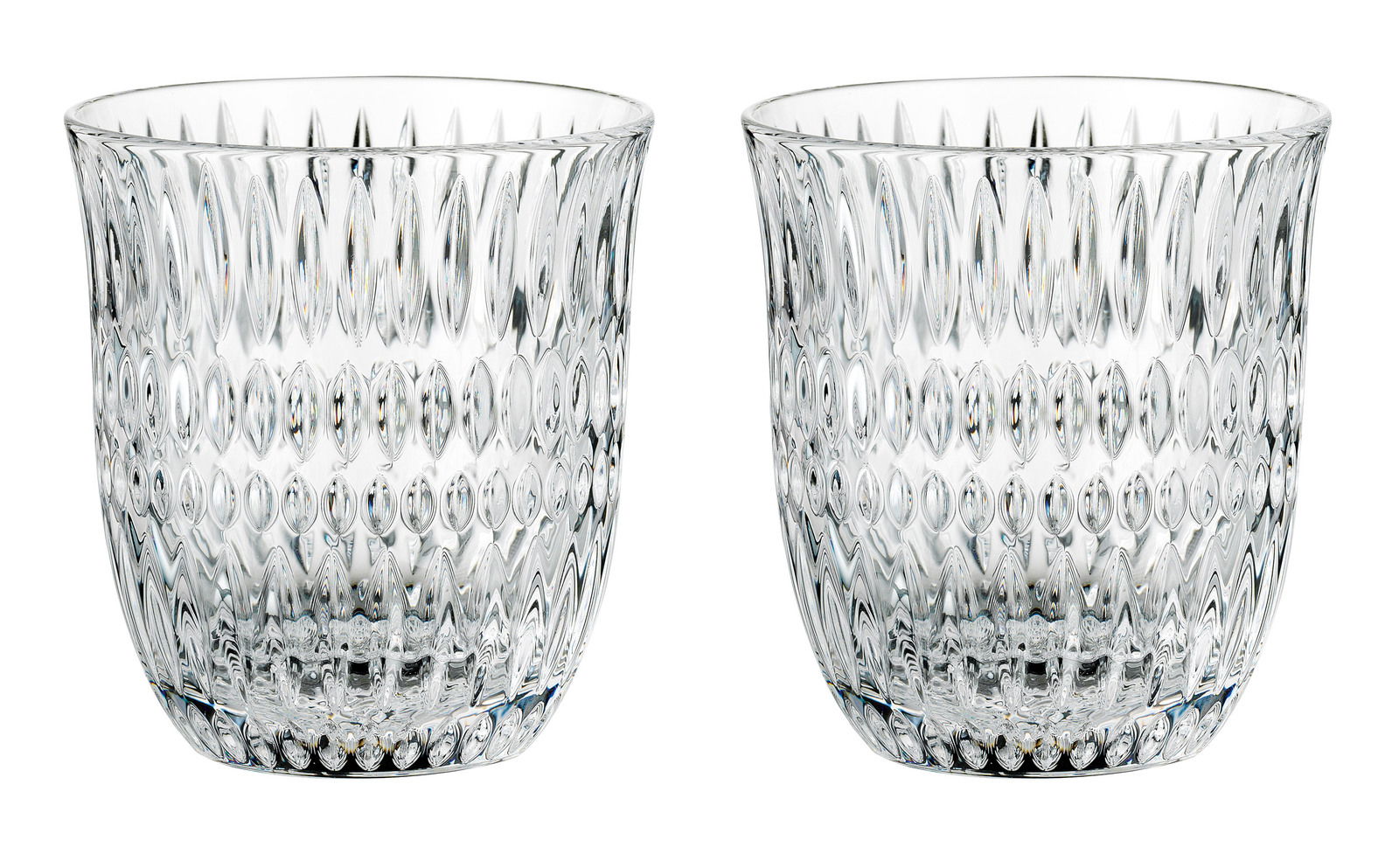 Zwei elegante, durchsichtige Gläser mit facettiertem Design, frontal fotografiert.