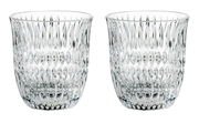 Zwei elegante, durchsichtige Gläser mit facettiertem Design, frontal fotografiert.