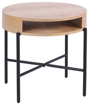 Runder Beistelltisch aus Holz mit schwarzem Metallgestell, seitliche Perspektive