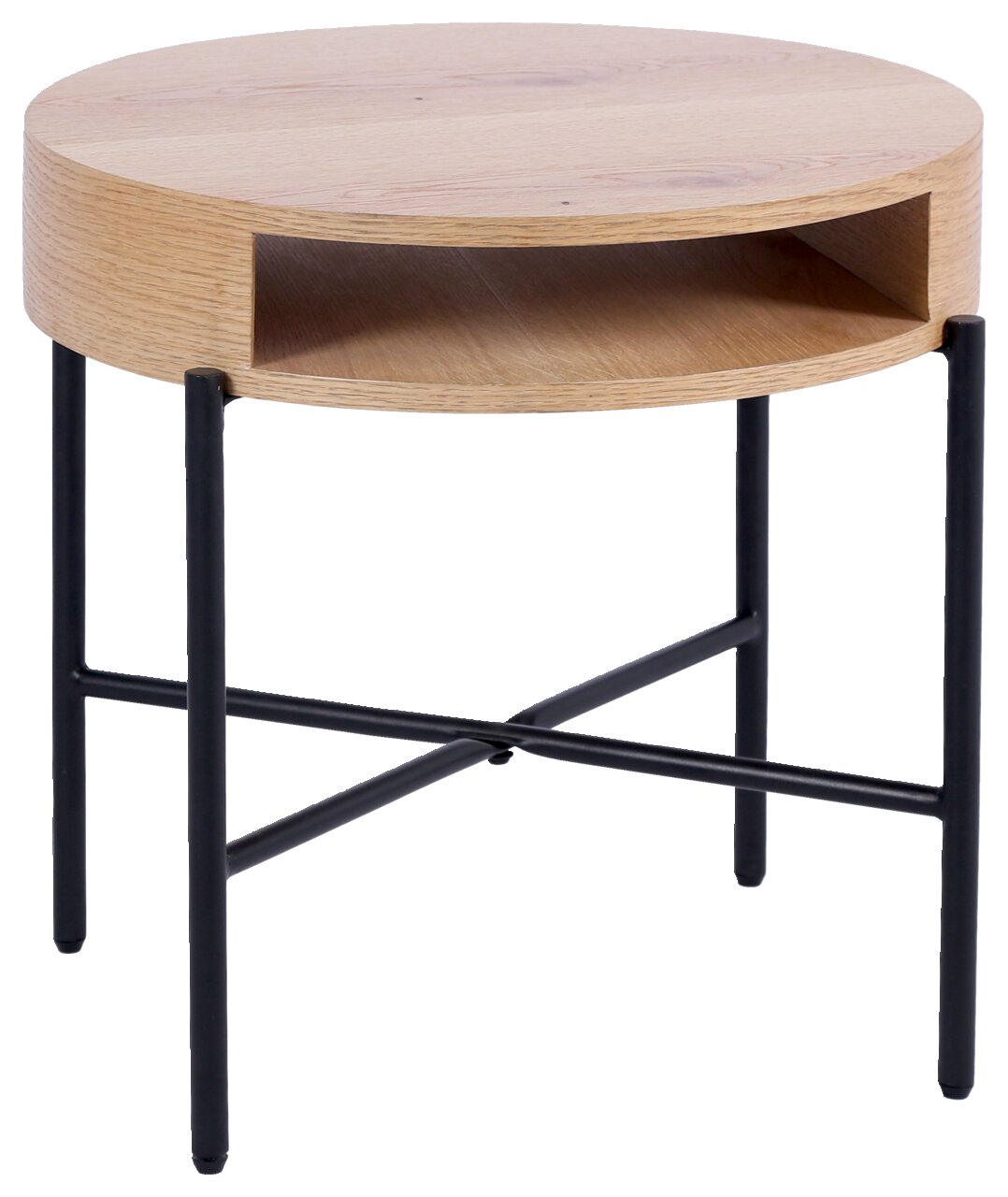 Runder Beistelltisch aus Holz mit schwarzem Metallgestell, seitliche Perspektive