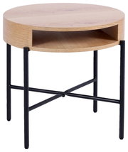 Runder Beistelltisch aus Holz mit schwarzem Metallgestell, seitliche Perspektive