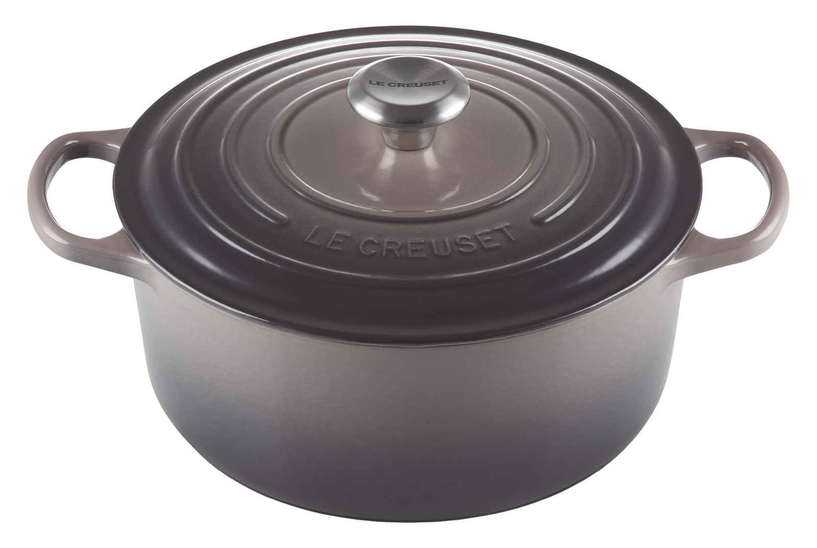 Runder Bräter 26cm in der Farbe Flint von Le Creuset, Ansicht von schräg oben