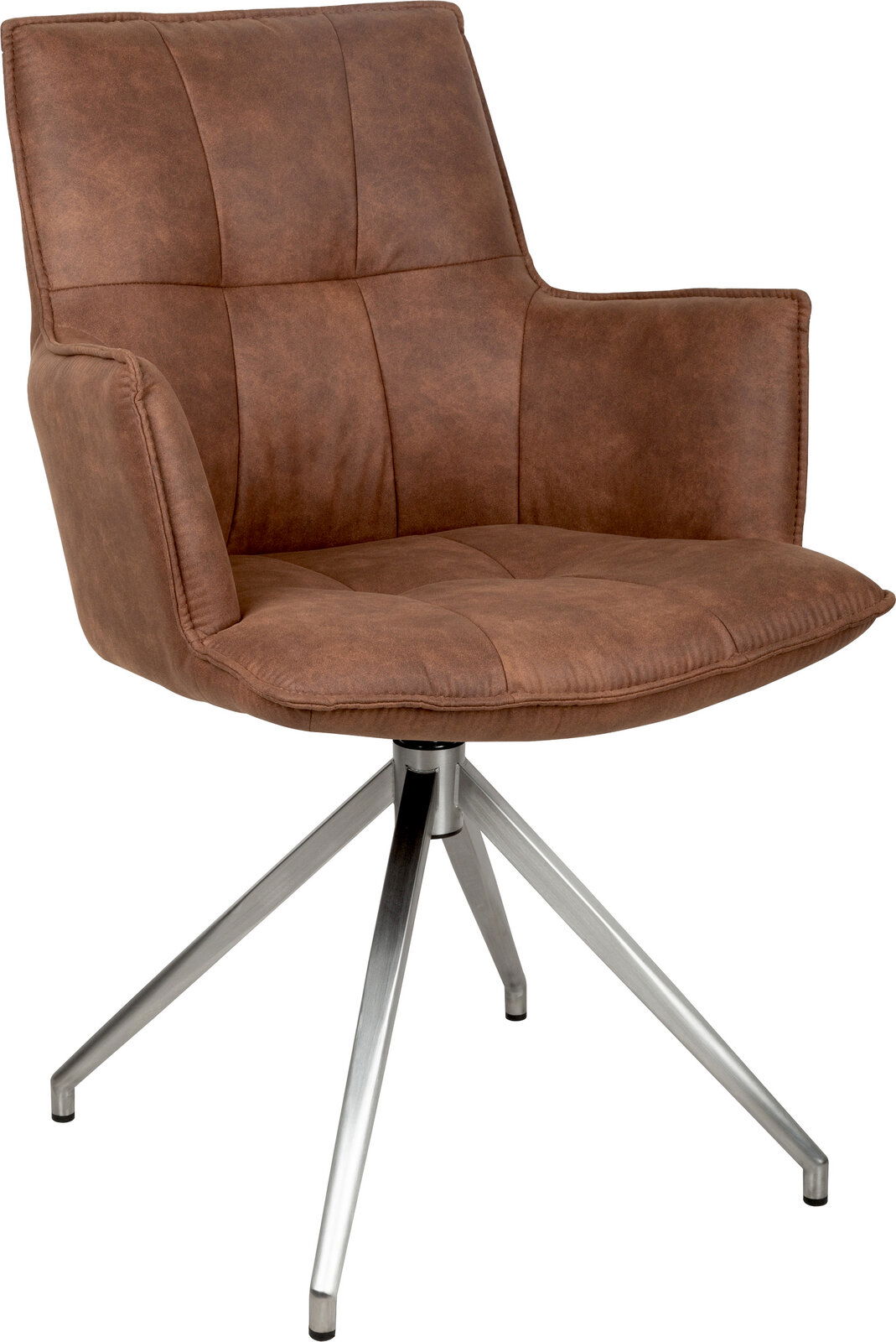 Brauner, gepolsterter Drehstuhl mit Armlehnen und Metallkreuzfuß, schräg von vorne links freigestellt auf weißem Hintergrund