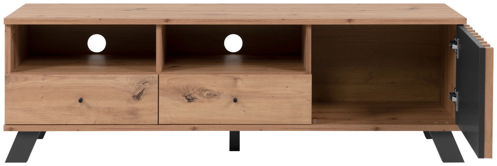 Frontale Ansicht eines TV-Lowboards aus Holz mit zwei offenen Fächern, zwei Schubladen und einer Tür auf der rechten Seite.