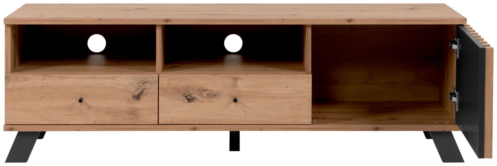 Frontale Ansicht eines TV-Lowboards aus Holz mit zwei offenen Fächern, zwei Schubladen und einer Tür auf der rechten Seite.