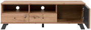 Frontale Ansicht eines TV-Lowboards aus Holz mit zwei offenen Fächern, zwei Schubladen und einer Tür auf der rechten Seite.