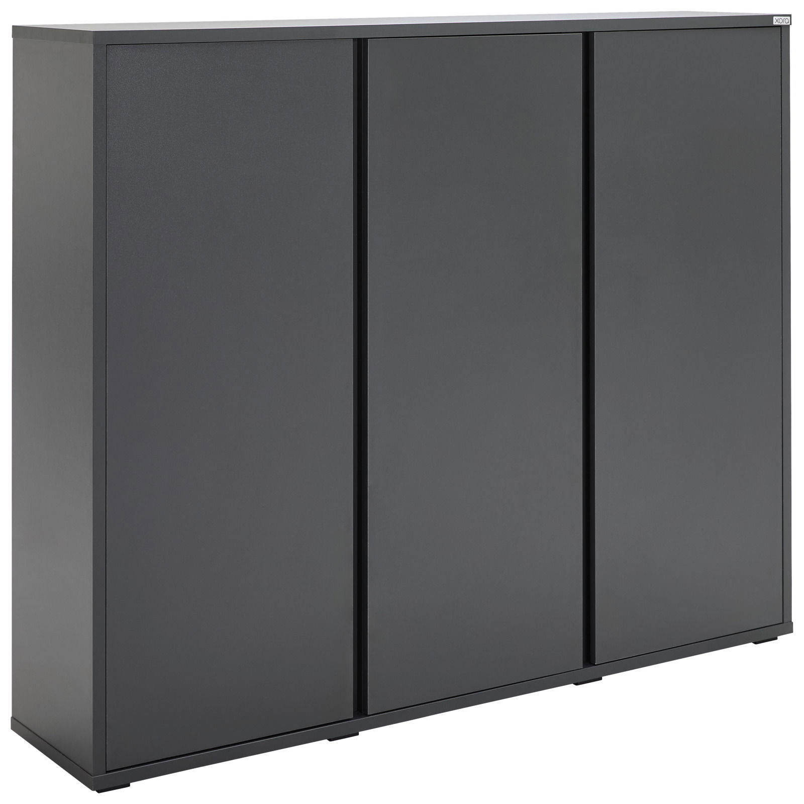 Moderner, grauer Schuhschrank mit drei Türen, seitliche Perspektive