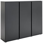 Moderner, grauer Schuhschrank mit drei Türen, seitliche Perspektive