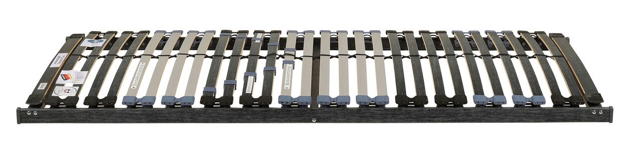 Federholzrahmen NV in Frontalansicht mit mehreren flexiblen Holzlatten und blauen Kunststoffelementen.