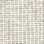 Nahaufnahme eines mehrfarbigen Stoffmusters mit einem karierten Design in Weiß, Beige, Grün und Rosa.