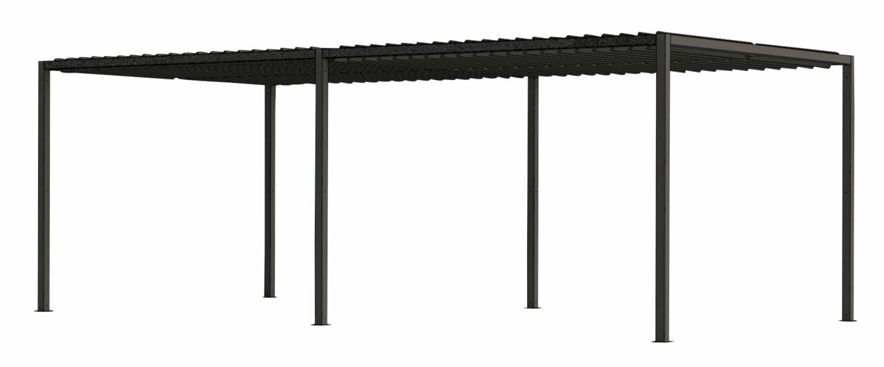 Metallische Pergola-Erweiterung mit Lamellen, seitliche Perspektive
