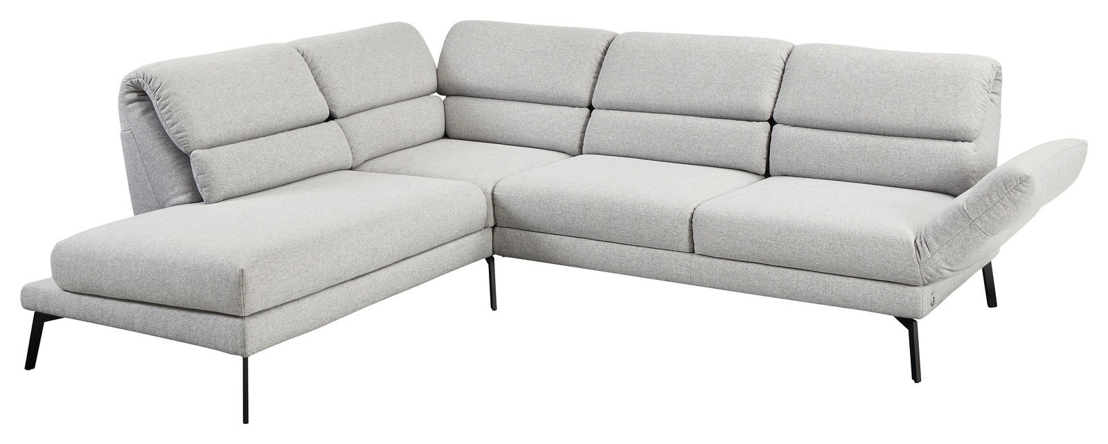 Graue Eckgarnitur mit modernem Design, abgebildet aus einer leicht erhöhten Perspektive.