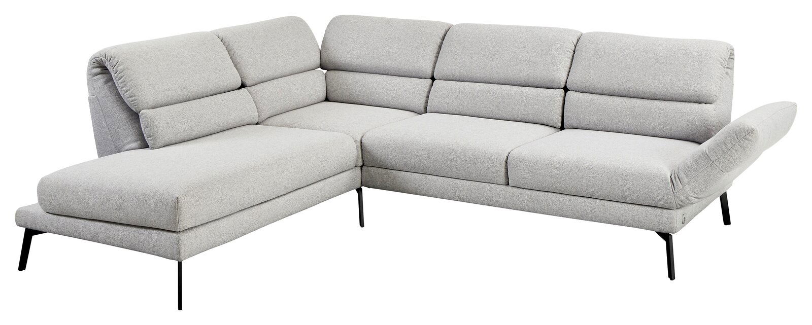 Graue Eckgarnitur mit modernem Design, abgebildet aus einer leicht erhöhten Perspektive.