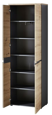 Garderobenschrank mit geöffneter Tür, Holzoptik, schwarze Seiten, frontale Perspektive