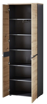 Garderobenschrank mit geöffneter Tür, Holzoptik, schwarze Seiten, frontale Perspektive