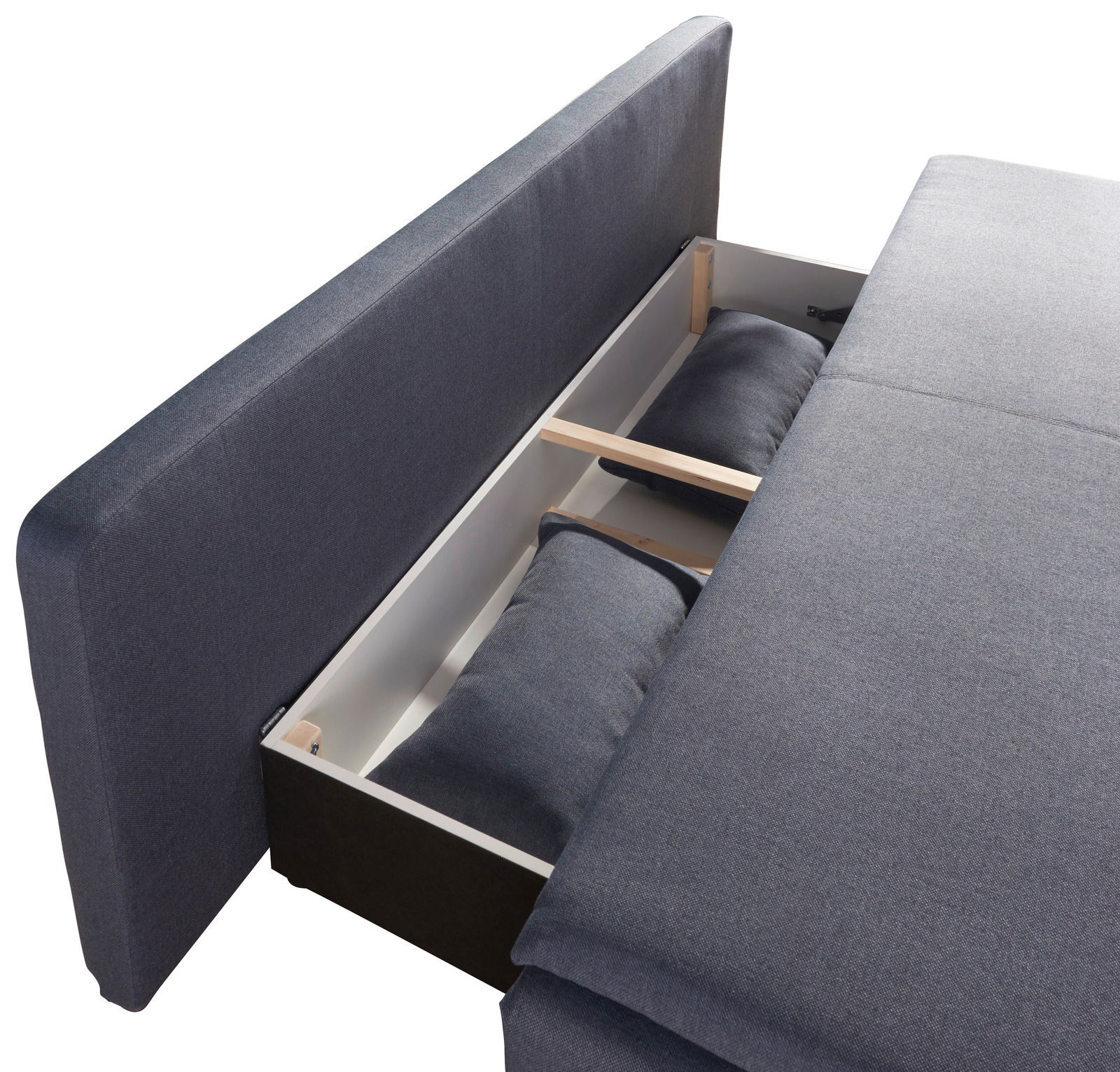Funktionssofa in grauem Stoff mit geöffneter Stauraumfunktion, seitliche Perspektive