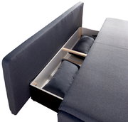 Funktionssofa in grauem Stoff mit geöffneter Stauraumfunktion, seitliche Perspektive
