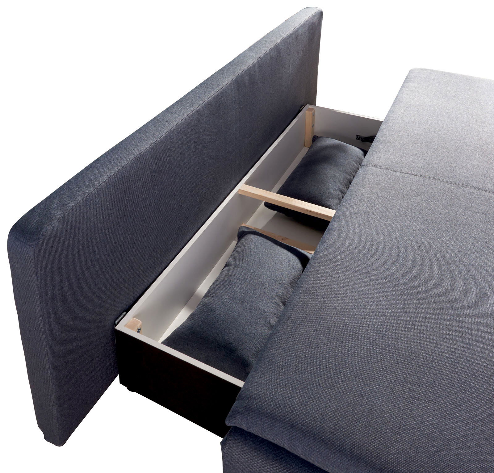 Funktionssofa in grauem Stoff mit geöffneter Stauraumfunktion, seitliche Perspektive