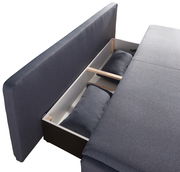 Funktionssofa in grauem Stoff mit geöffneter Stauraumfunktion, seitliche Perspektive