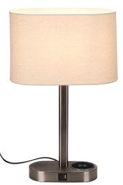 Moderne Tischleuchte mit zylindrischem Stoffschirm und Metallfuß, Frontalansicht