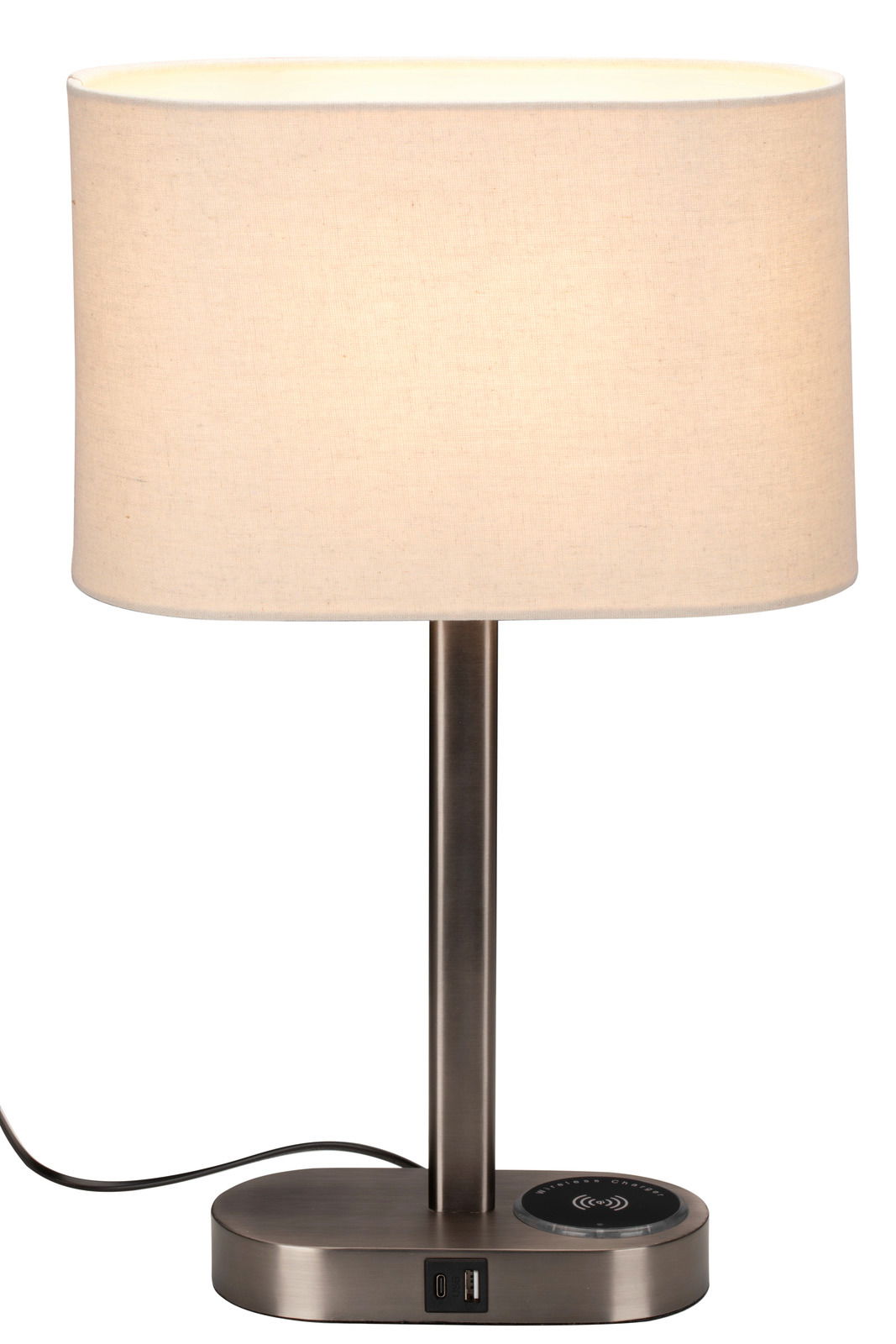 Moderne Tischleuchte mit zylindrischem Stoffschirm und Metallfuß, Frontalansicht