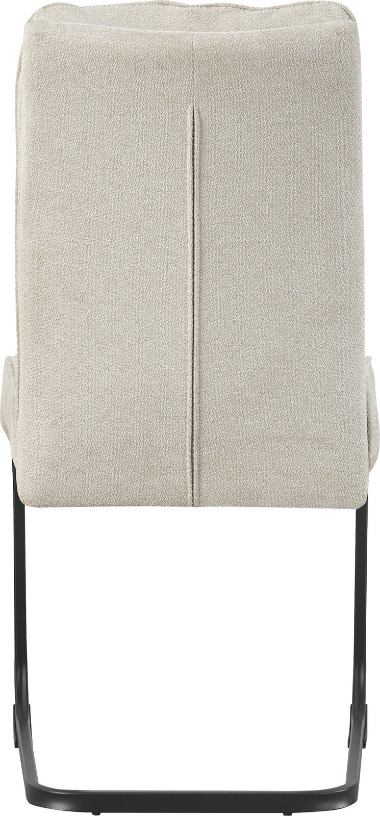 Rückansicht eines gepolsterten Esszimmerstuhls mit beigem Bouclé-Stoffbezug und schwarzem Metall-Schwinggestell vor weißem Hintergrund