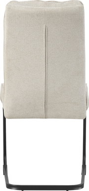 Rückansicht eines gepolsterten Esszimmerstuhls mit beigem Bouclé-Stoffbezug und schwarzem Metall-Schwinggestell vor weißem Hintergrund