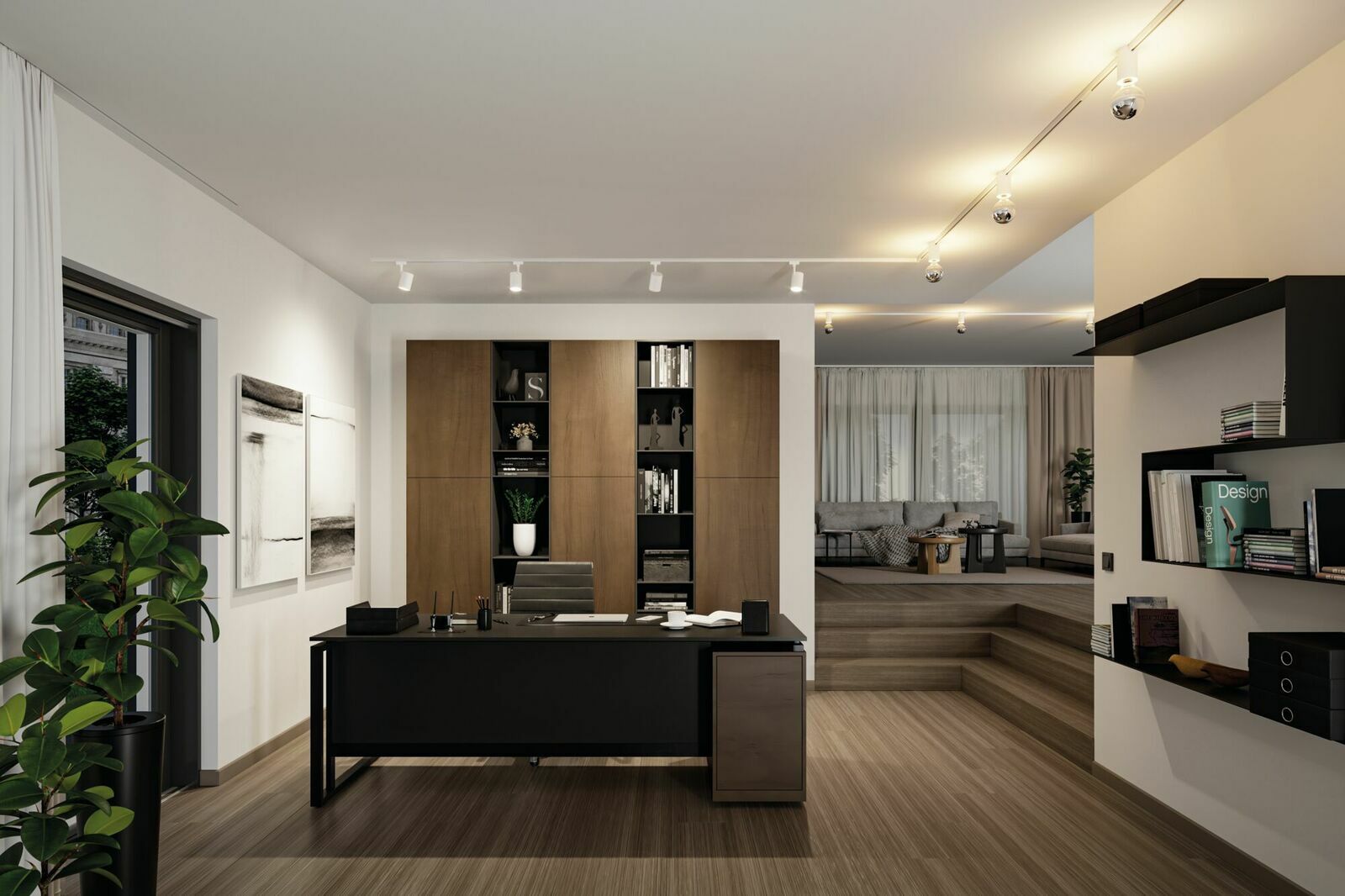 Moderne Deckenfassung in einem stilvollen Büro mit Schreibtisch und Regalen, aus der Perspektive des Raumes betrachtet.